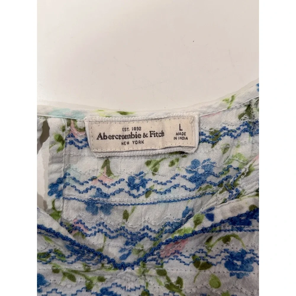 Abercrombie & Fitch Floral Smocked Cotton Peasant Blouse Blue White Large